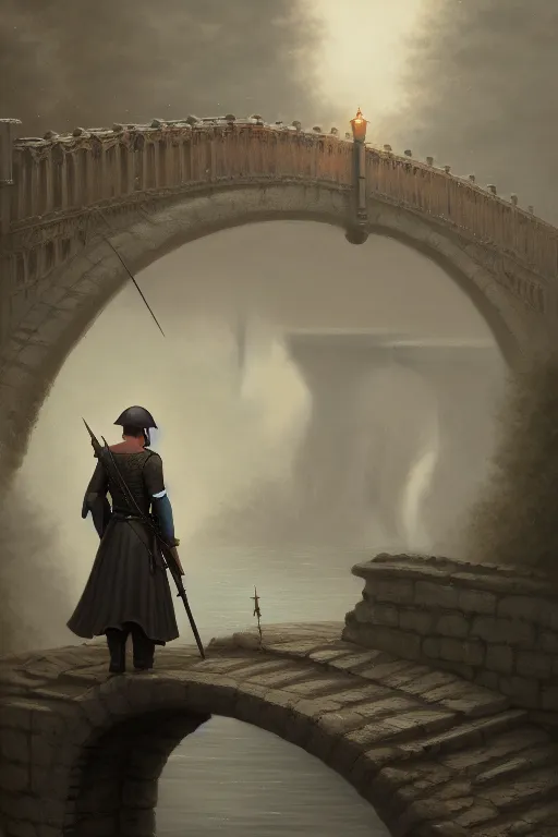 Image similar to A lone soldier stands at the bridge, illustration, soft lighting, soft details, dark mood, painting oil on canvas by Edmund Blair Leighton and Charlie Bowater octane render trending on artstation d&d characters, 4k, 8k, HD