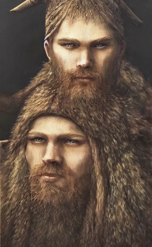 Image similar to portrait of Einar the viking from Vinland Saga, realistic oil painting, vintage, masterpiece