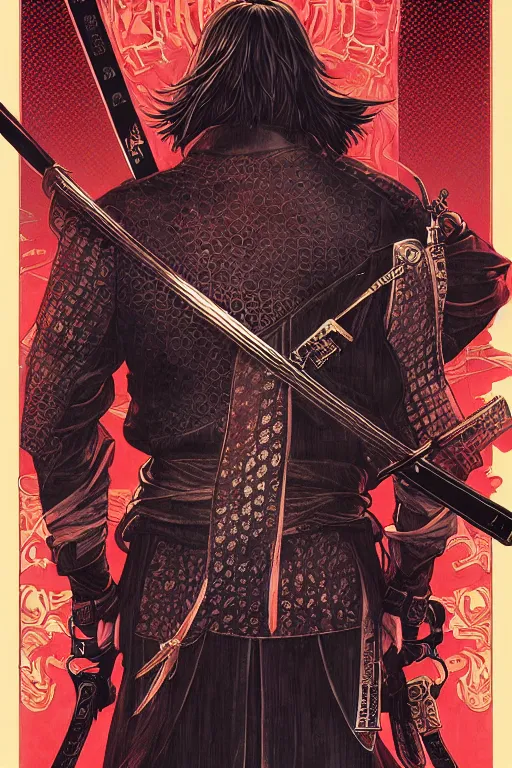 Prompt: poster of john wick as a samurai, by yoichi hatakenaka, masamune shirow, josan gonzales and dan mumford, ayami kojima, takato yamamoto, barclay shaw, karol bak, yukito kishiro, highly detailed