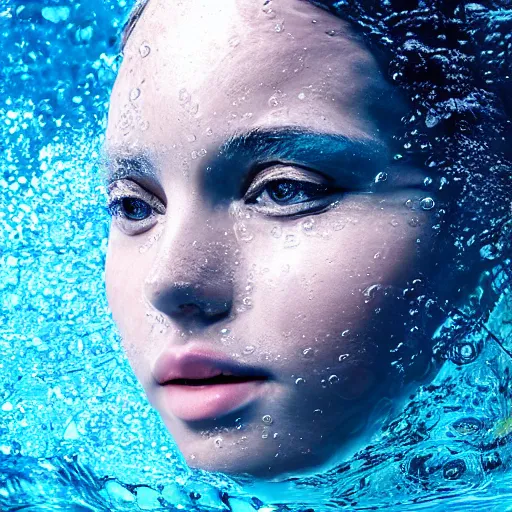 Image similar to water artwork manipulation in the shape of a beautiful female head, on the ocean water, ray tracing, realistic water sharp focus, long shot, 8 k resolution, cinematic, realistic water art