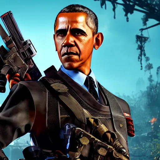 Prompt: Obama as Edward Richtofen in the der eisendrache Easter egg cutscene, black ops 3 zombies