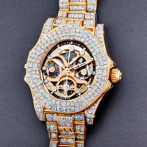 Image similar to vvs diamond watch, intricate design, rolex, cogs and gears, steampunk watch, bejeweled beautiful watch, richard mille, breitling watch, promotional photo, 8 k photography