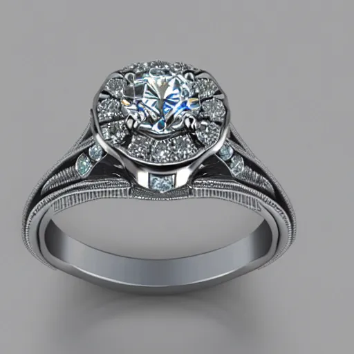 Image similar to engagement ring with two diamonds outside and one in the middle. concept art, victorian, multiple angles, schematic