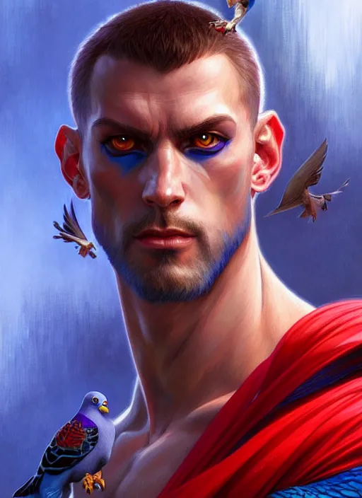 Image similar to portrait of aggressive pigeon humanoid, d & d, muscular! blue and red, fantasy, intricate, elegant, highly detailed, digital painting, artstation, concept art, smooth, sharp focus, illustration, art by artgerm and greg rutkowski and alphonse mucha