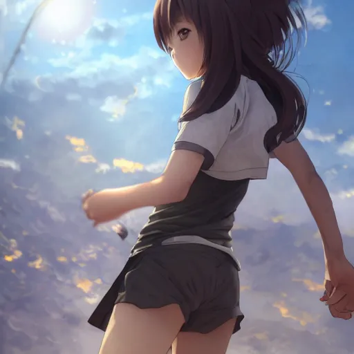 Image similar to a girl is running, sport clothing, range murata, anime style, brown short hair, hair down, symmetrical facial features, from arknights, hyper realistic, rule of thirds, extreme detail, detailed 4 k drawing, safebooru, realistic lighting, by alphonse mucha, greg rutkowski, backlit