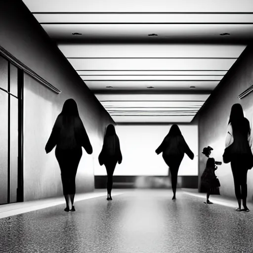 Prompt: A group of women sleepwalking along an unlit college dorm hallway, photorealistic