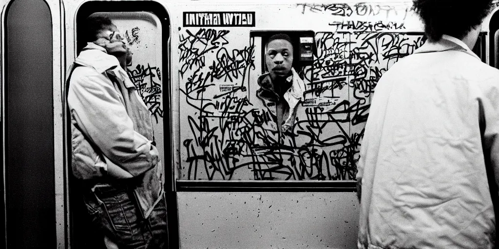 Image similar to new york subway cabin 1 9 8 0 s inside all in graffiti, man in carhartt jacket closeup, policeman closeup, film photography, exposed b & w photography, christopher morris photography, bruce davidson photography