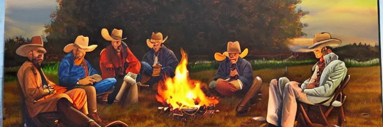 Prompt: wizards and cowboys sitting around a campfire discussing the days work, theme western sci-fi, old west oil paint on canvas