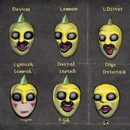 Image similar to antropomorphic lemon with devil horns sorts an archive, lemon person, person with lemon head, devil horns, archive, realistic photograph, dark