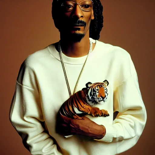 Image similar to Snoop Dogg holding a tiger for a 1990s sitcom tv show, Studio Photograph, portrait, C 12.0