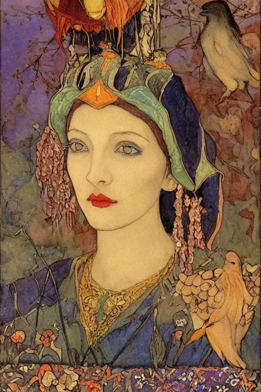 Image similar to queen of the dawn with her lantern and birds, by Annie Swynnerton and Nicholas Roerich Edmund Dulac, elaborate headdress and embroidered velvet, iridescent beetles, rich color, dramatic cinematic lighting, extremely detailed