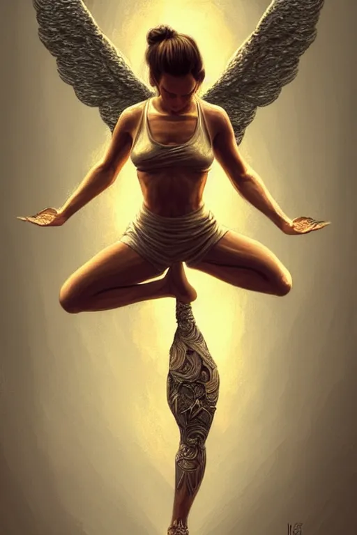 Prompt: Full body potrait of angel doing yoga , angel is split in two with smoke, fantasy, intricate, elegant, highly detailed, digital painting, artstation, concept art, smooth, sharp focus, illustration, art by Ilja Repin