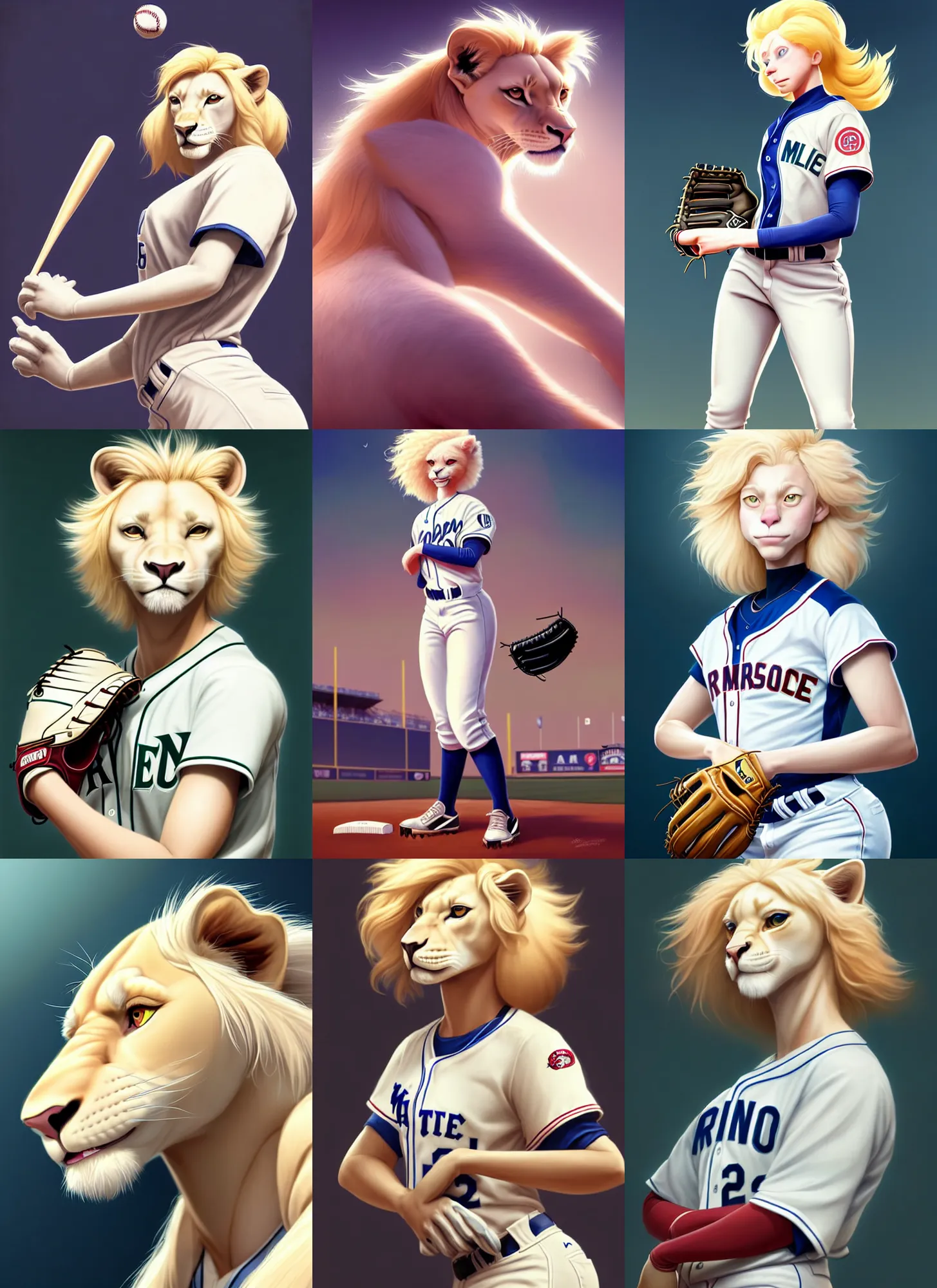 Prompt: beautiful portrait of a female anthropomorphic albino lioness fursona baseball player at a baseball stadium. character design by disney, charlie bowater, ross tran, artgerm, and makoto shinkai, detailed, soft lighting, rendered in octane