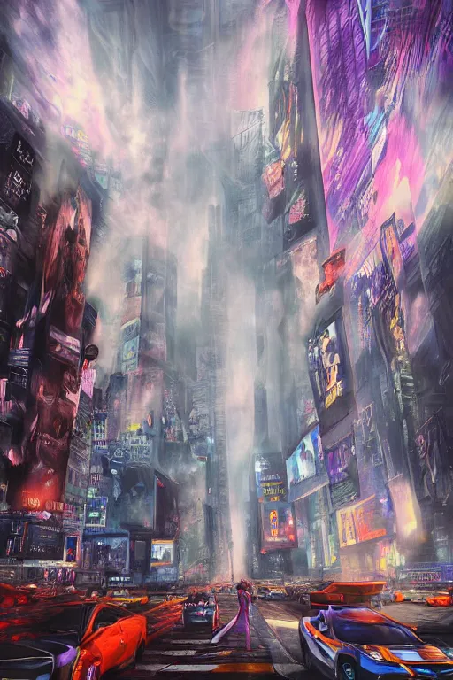 Prompt: the infinite arts of the dream robots taking over new york by mia brownell, very detailed, maximalism, ambient occlusion, volumetric light, atmospheric haze, hyper realism, futuristic but colorful shading, cinematic composition, realistic render, photography, wide shot