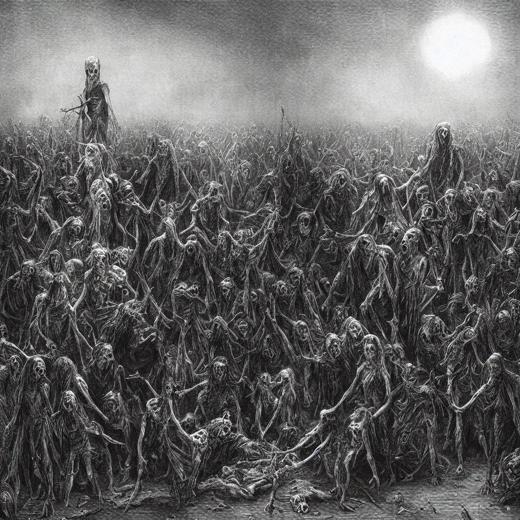 Prompt: night of the living dead, creepy atmosphere, dark, realistic, illustration by gustave dore