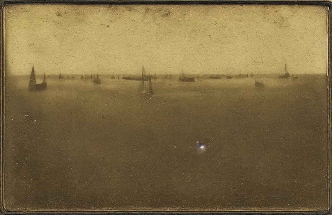 Prompt: the horizon dissolves in mists ambrotype vintage matchbox jan van der heyden