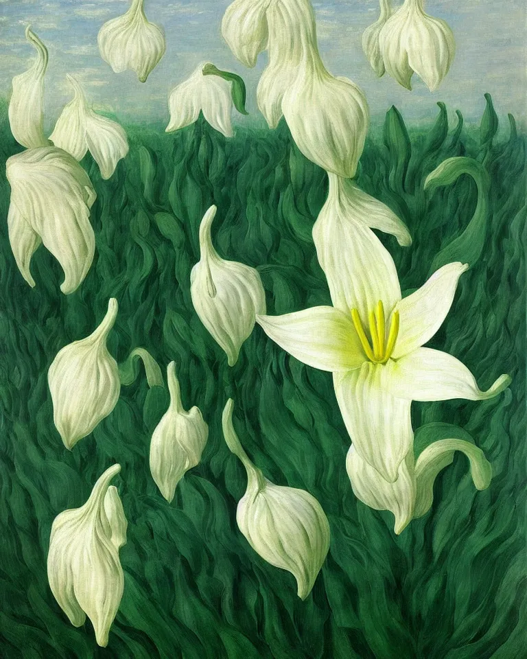 Image similar to achingly beautiful painting of one white lily on green background rene magritte, monet, and turner. piranesi.