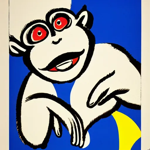 Prompt: lithographic poster of a mischievous monkey holding a / mobile phone /, blue and yellow, advertising art, pop art, roy lichtenstein