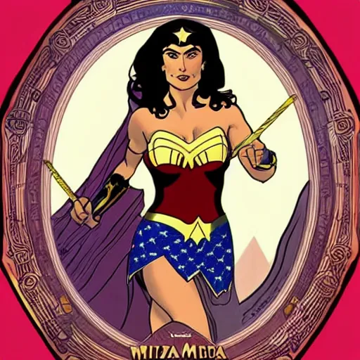 Image similar to salma hayek as wonder woman, mucha style