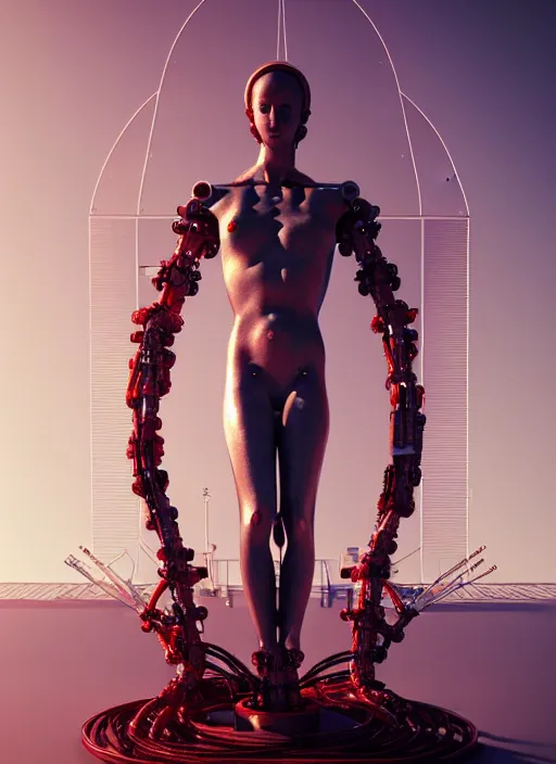 Image similar to space station exterior, a statue jesus on cross made of red marble, perfect symmetrical body, full body shot, inflateble shapes, wires, tubes, veins, white biomechanical, wearing epic bionic cyborg implants, masterpiece, intricate, biopunk, vogue, highly detailed, artstation, concept art, cyberpunk, octane render