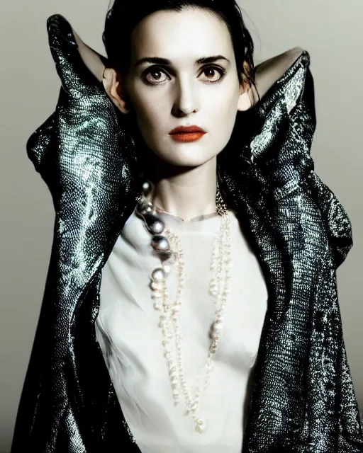 Image similar to young winona ryder wearing a futuristic metal kimono, half body portrait, greg kutkowski, sharp details, soft lighting, subsurface scattering, pearls of sweat, glistening skin, warm lighting