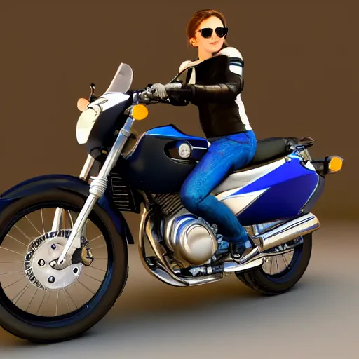 Prompt: female rider on a yamaha tw 2 0 0 motorcycle, 3 d art, realistic rendering, perfect lighting, 8 k, hd