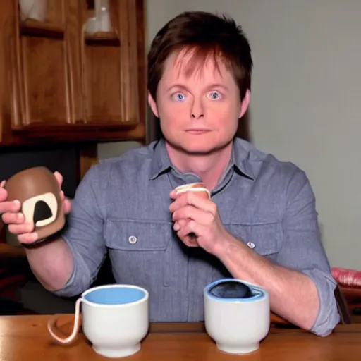 Prompt: Michael J Fox drinking holding mug with a poop emoji