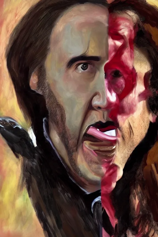 Prompt: nicolas cage!! freaking out, in the style of georgia o'keefe