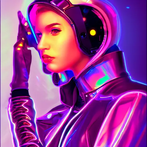 Prompt: portrait of a beautiful cyberpunk woman wearing a black leather jacket and a holographic visor. cyborg, sci - fi, stylish, colourful, digital painting, artstation, mood lighting, neon, vivid colour, sharp focus, reflections, film grain, depth of field