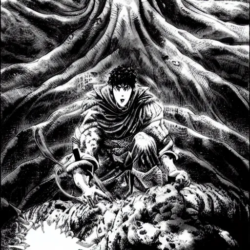 Prompt: a man drowning in the deepest pits of hell by kentaro miura, stunning artwork, wide shot angle