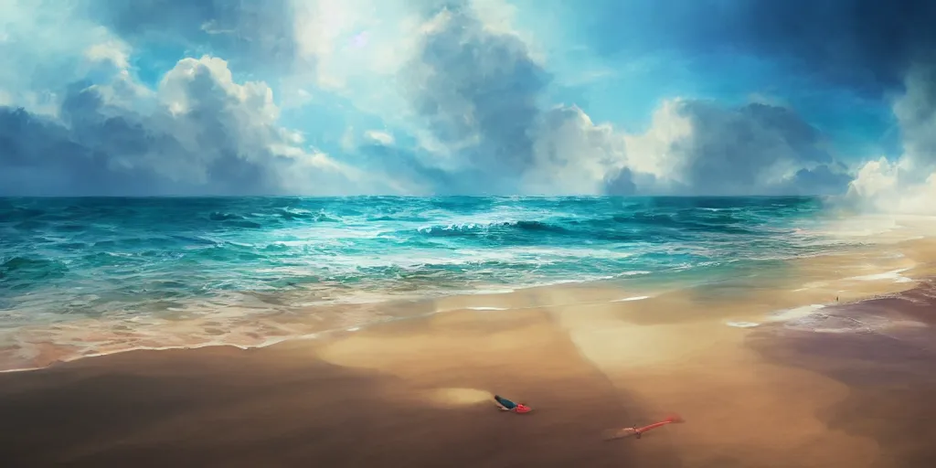 Prompt: a beach, cinematic angle, studio Ghibli, volumetric lighting, breathtaking, beautiful composition, elegant, digital art, detailed, oil painting, hyperrealistic, sharp focus, 8k