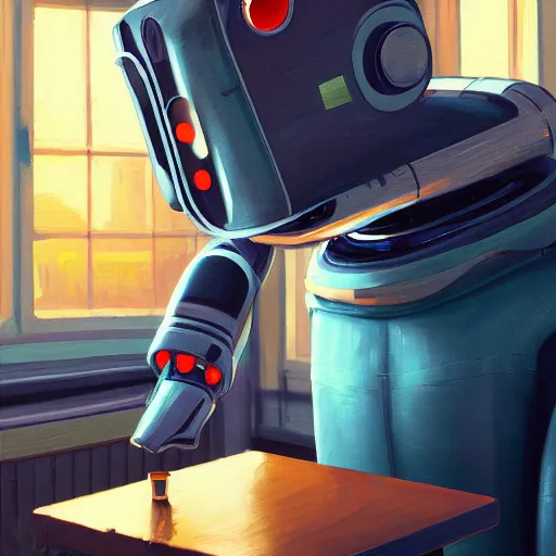 Prompt: soulful oil painting of a friendly empatic robot serving a cup of coffee, by simon stalenhaag, by laurie greasley, high depth of field, fresh colors, coffee beans, coffee, steam, hyperdetailed, hyperrealistic, moody light, 3 d octane render, 4 k, volumetric lights, smooth, cosy atmosphere, artstation!