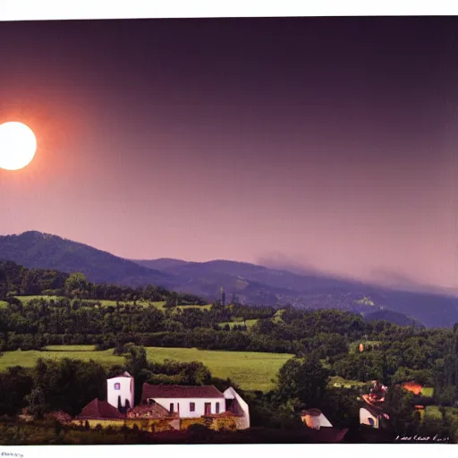 Image similar to dark solar eclipse, above a village, highly detailed, studio 4 k quality, by louise dahl - wolfe