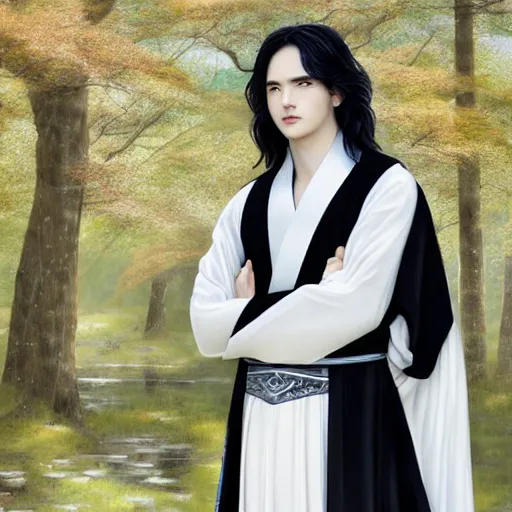 Prompt: a portrait of a young beautiful prince, golden eyes, long black hair, white hanfu, elegant, intricate, backlit, incredible lighting, strong rim light, subsurface scattering, photorealistic, epic beautiful landscape, cherry trees, highly detailed, digital painting, by Heise Jinyao, Heise-Lian Yan Fang, Feimo, Rossdraws, HDRI, vivid colors, high contrast, 8k