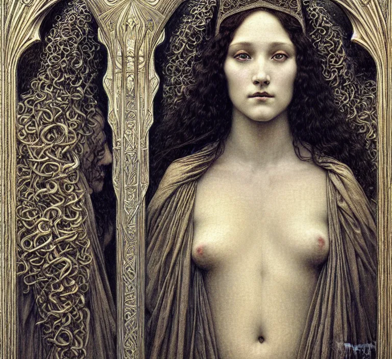 Image similar to detailed realistic beautiful young medieval queen face portrait by jean delville, gustave dore and marco mazzoni, art nouveau, symbolist, visionary, gothic, pre - raphaelite. horizontal symmetry