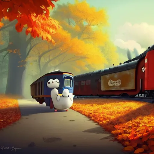 Image similar to Goro Fujita illustrating An antique steam train with a large white cloud coming out of the chimney travels through a beautiful autumn forest along the railroad tracks, art by Goro Fujita, concept art, sharp focus, ArtStation