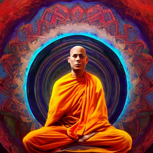 Prompt: an abstract painting that captivates the viewer, illusions, beautiful, fantasy, meditation. A monk meditates in the center to unlock his full potential, smooth, flow, highly detailed, colorful, artstationhd