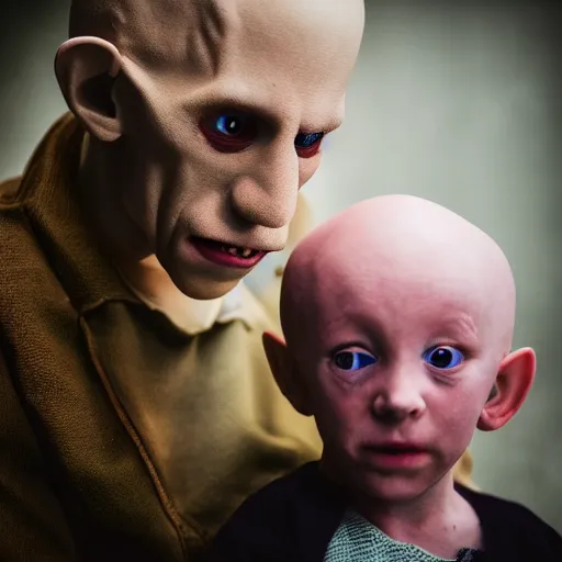 Prompt: portrait of nosferatu playing with his kid at the kindergarden, realistic detailed photography, 5 0 mm lens