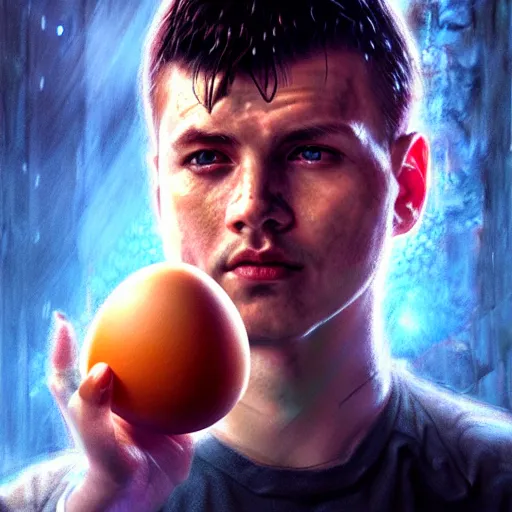 Image similar to minecraft steve holding egg, hyperrealistic portrait, bladerunner street, by karol bak and agnes cecile, fantasy art, photo realistic, dynamic lighting, artstation, poster, volumetric lighting, very detailed face, 8 k, award winning