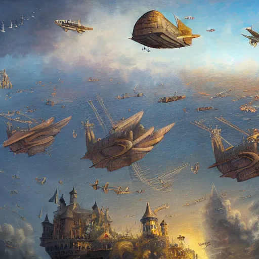 Prompt: an armada of airships flying in the sky, attacking a single elaborate castle floating in the air, oil painting, in the style of marc simonetti, 4 k