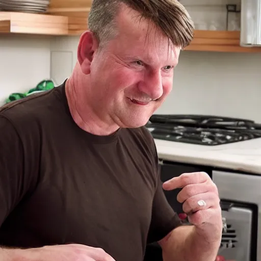 Image similar to an irish middle aged gentleman with brown moptop hair and red cheeks is doing the chicken dance in his kitchen. he is clean shaven. he is wearing a dark blue tshirt and khaki shorts. he holds his arms out like they are chicken wings and dances animatedly. he has no beard or moustache.