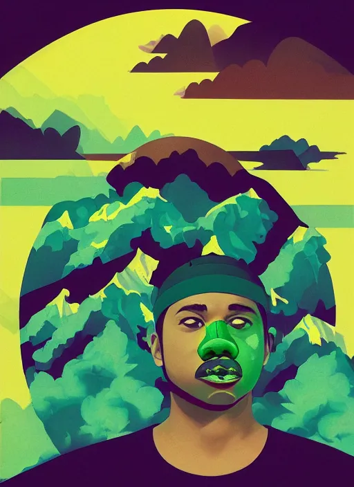 Prompt: profile picture by sachin teng x ofwgkta, mountain top, marijuana, organic painting, hard edges, masterpiece, smoke clouds, asymmetrical, green, matte paint, energetic