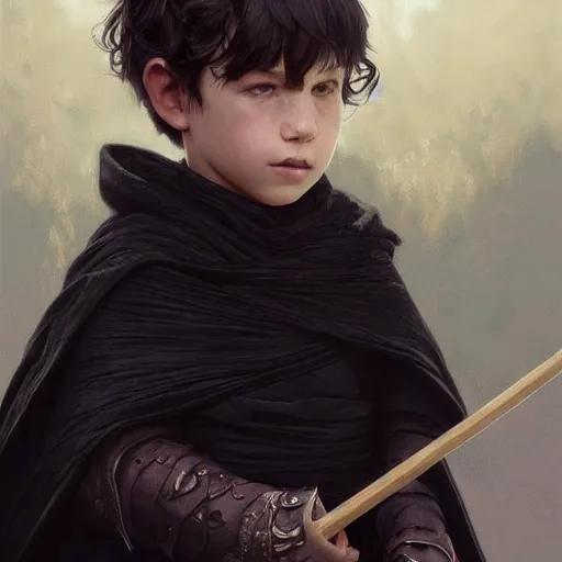 Image similar to perfectly - centered - portrait of a kid wearing black cloak holding stick, intricate, highly detailed, digital painting, artstation, concept art, smooth, sharp focus, illustration, unreal engine 5, 8 k, art by artgerm and greg rutkowski and alphonse mucha