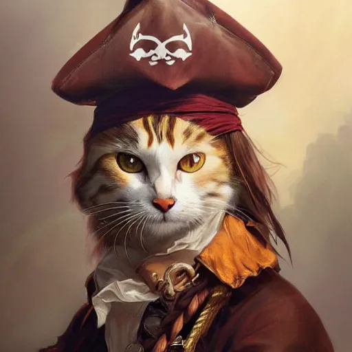 Image similar to Portrait of a Cat as a Pirate, photorealistic, highly detailed, digital painting, artstation, concept art, smooth, sharp focus, illustration, art by artgerm and greg rutkowski and alphonse mucha