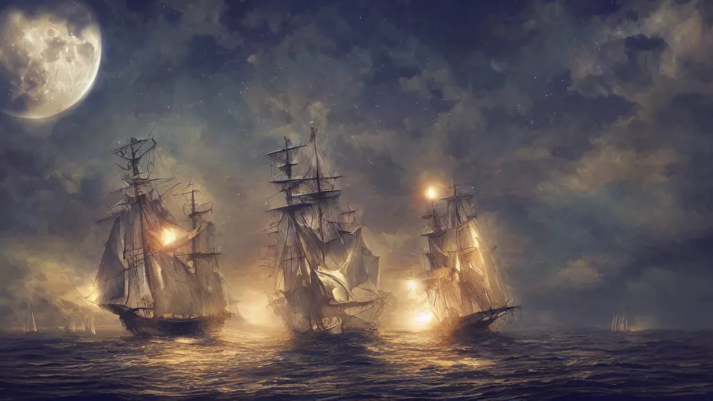 Image similar to Beautiful sailing ship in the moon light with backlight ” Beautiful Dreamscape, Digital art, concept art, detailed, lovely colors, Art station,3-D 4K, beautiful background, matte painting, ,