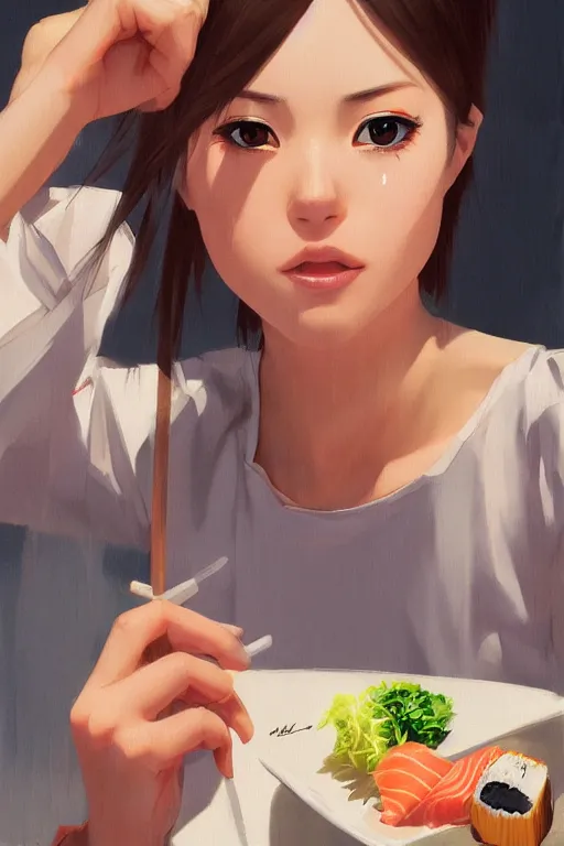 Image similar to a girl eating sushi, full shot, fine - face, realistic shaded perfect body, fine details. night setting. very anime style. realistic shaded lighting poster by ilya kuvshinov katsuhiro, magali villeneuve, artgerm, jeremy lipkin and michael garmash, rob rey and kentaro miura style, trending on art station