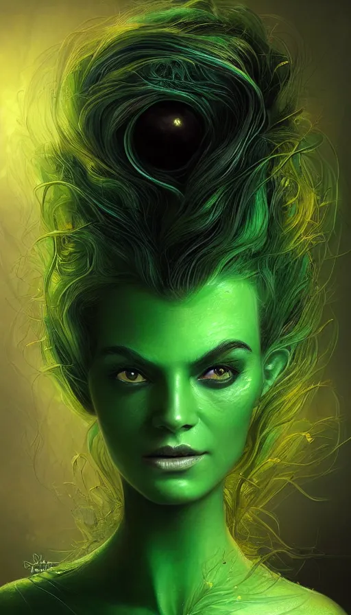 Prompt: portrait of magical green goblin female , dark fantasy, gradient green black, dreamy and ethereal, (colour) eyes, one head, golden ratio, peaceful expression, ornate frilly dress, fantasy, intricate, elegant, rainbow bubbles, highly detailed, digital painting, artstation, concept art, smooth,b sharp focus, illustration, art by artgerm and greg rutkowski and alphonse mucha