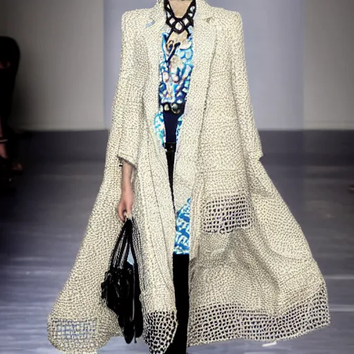 Image similar to fashion 2 0 5 0 fantastic openwork long coat with intricate pattern on a beautiful symmetrical girl with blue hair, hyper realistic photos
