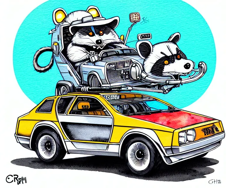 Image similar to cute and funny, racoon wearing a helmet riding in a tiny silver color hot rod dmc delorean with oversized engine, ratfink style by ed roth, centered award winning watercolor pen illustration, isometric illustration by chihiro iwasaki, edited by range murata, details by artgerm