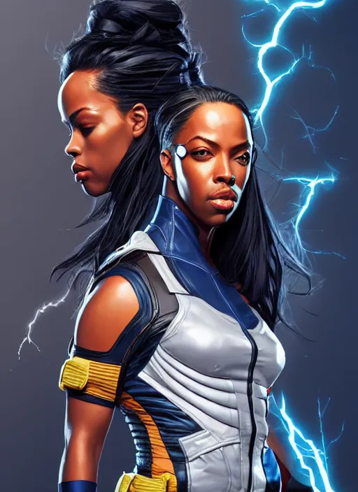 Prompt: portrait of apex legends aaliyah haughton, x - men, storm, elegant, electricity archs, lightning strikes, rippling electromagnetic, highly detailed, digital painting, artstation, glamor pose, concept art, smooth, sharp focus, illustration, art by artgerm and greg rutkowski, artey freytag